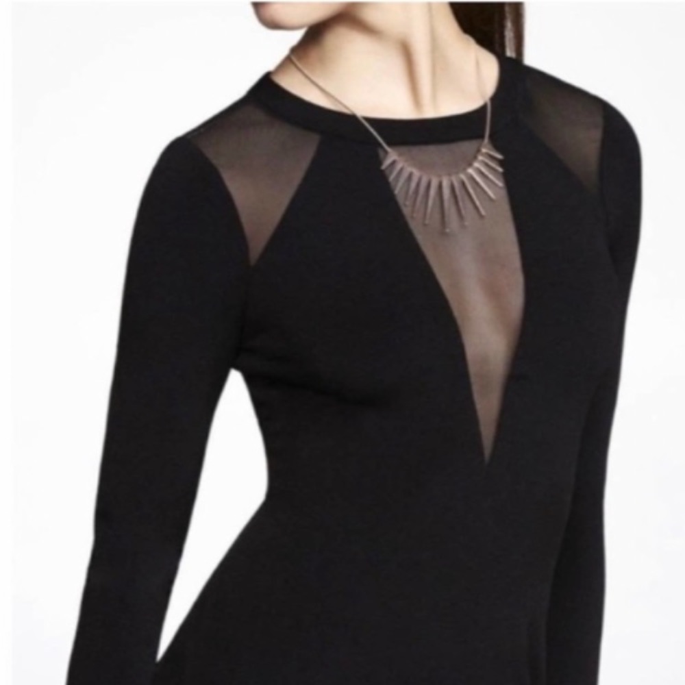 Express Women’s Mesh Deep V and Shoulder Black Dress